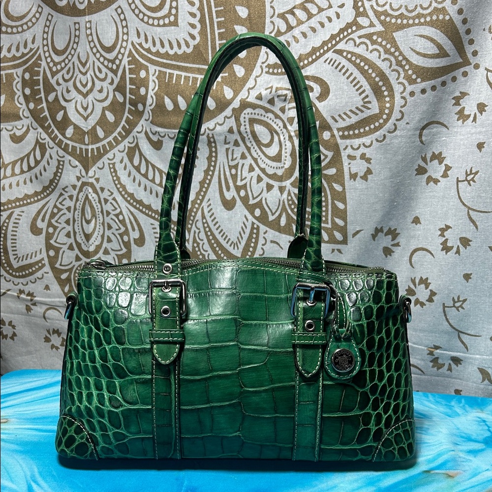 Vintage Dooney & Bourke Green Crocodile Pattern Satchel Handbag